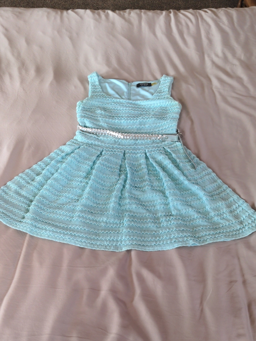GUESS Los Angeles Mint Green Lace Fit & Flare Dress With Silver Belt- Size 4